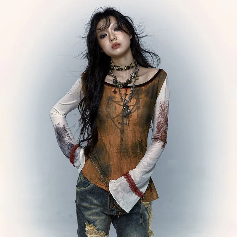 Vintage Japanese Y2K Mesh Flare-Sleeve T-Shirt