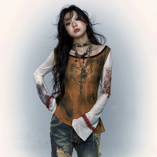 Vintage Japanese Y2K Mesh Flare-Sleeve T-Shirt