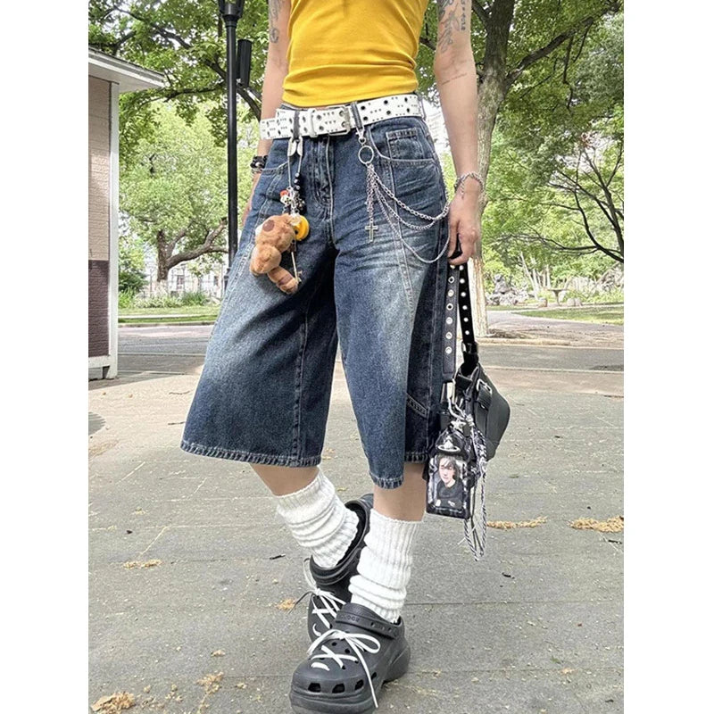 Blue Oversize Calf-Length Cargo Shorts