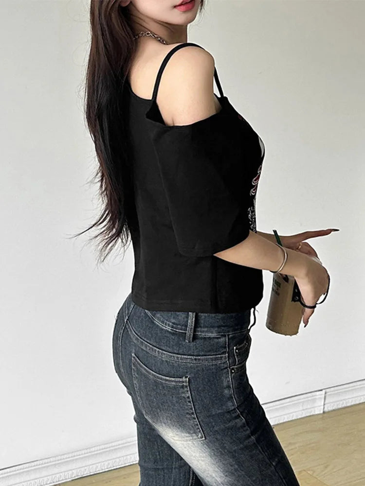 Gothic Letter Print Off Shoulder T-Shirt