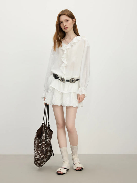 Elegant Ruffle Sleeve Blouse with Botanical