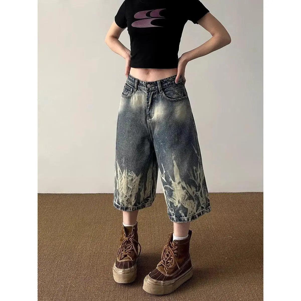 Lightning Pattern Retro Denim Shorts