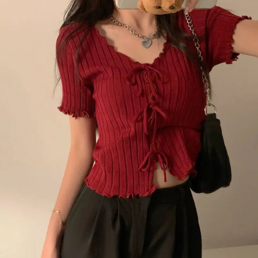 Versatile Ribbed V-Neck Knitted Crop T-Shirt