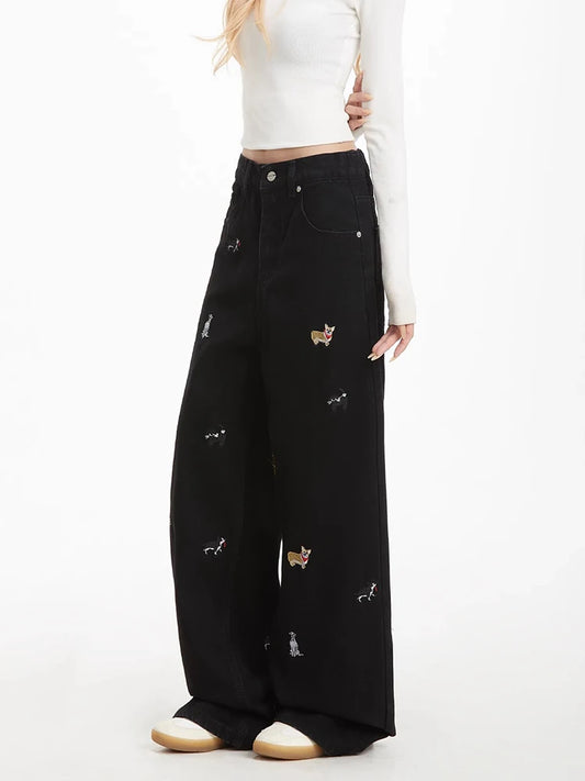 Embroidered Puppy Patch Wide Jeans