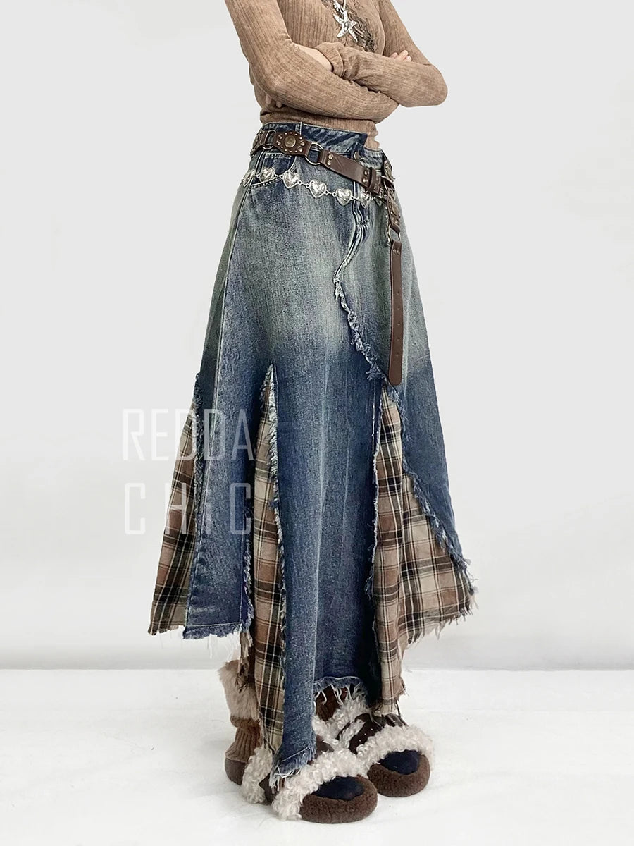 Vintage Gradient Plaid Patchwork Maxi Jeans