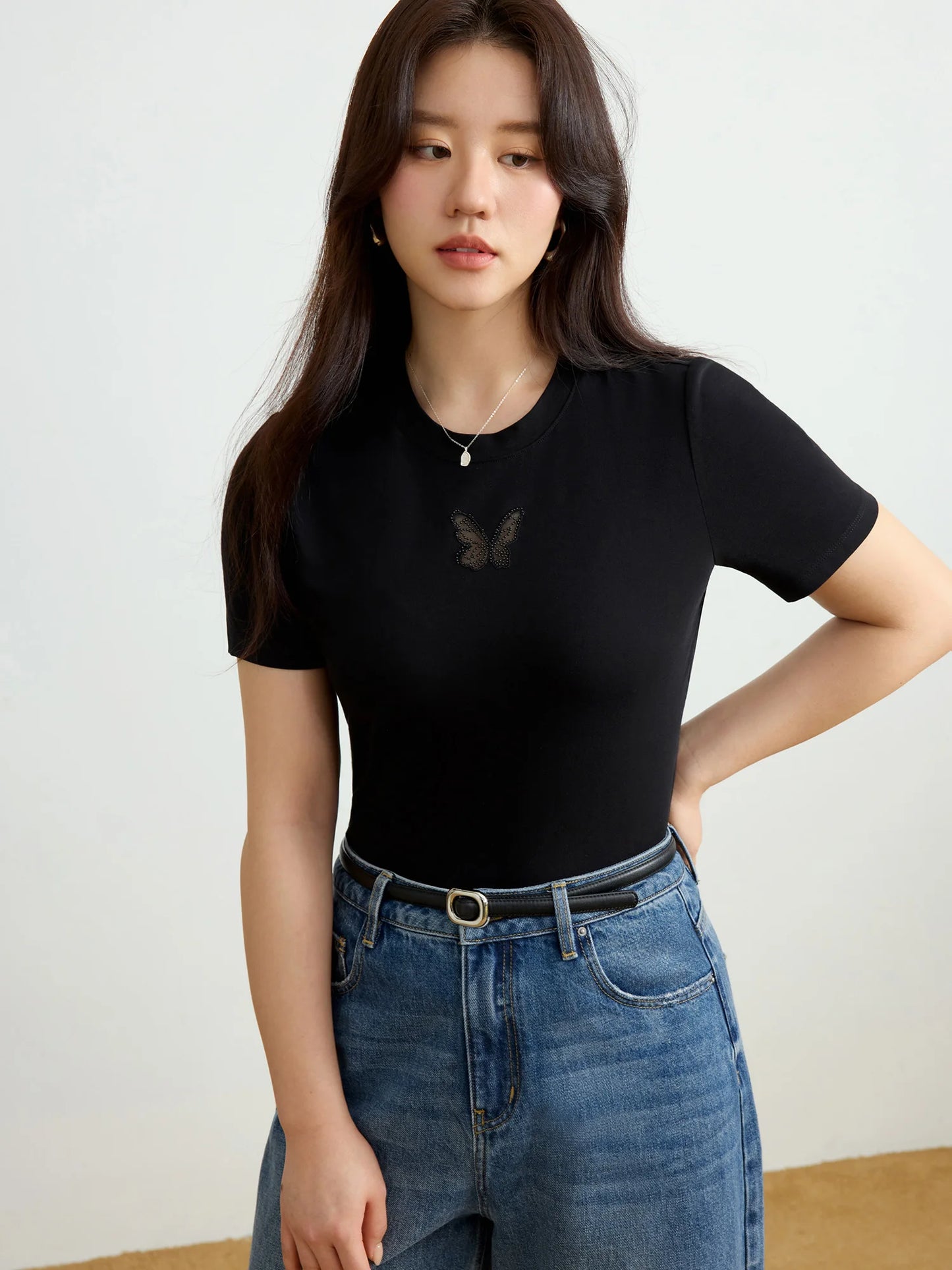Elegant Mesh Embroidered Shoulder T-Shirt