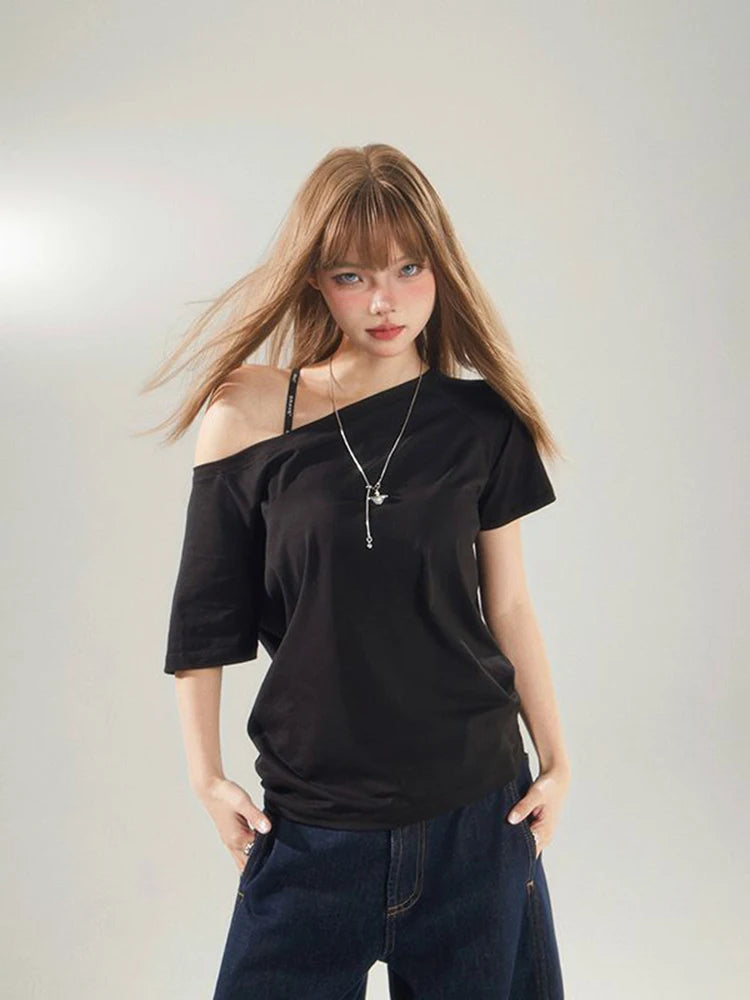 Sexy Korean Off-Shoulder Loose Solid T-Shirt
