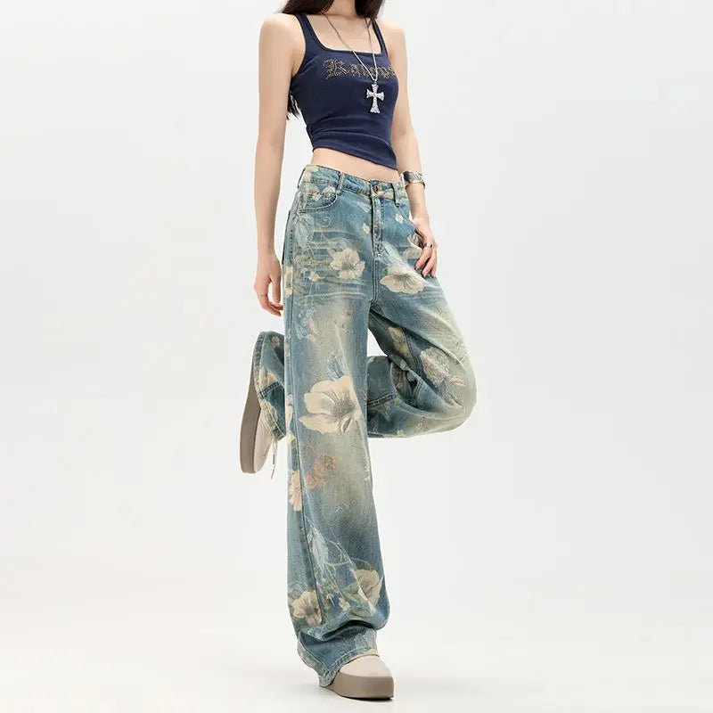 Floral Print High Waist Blue Jeans