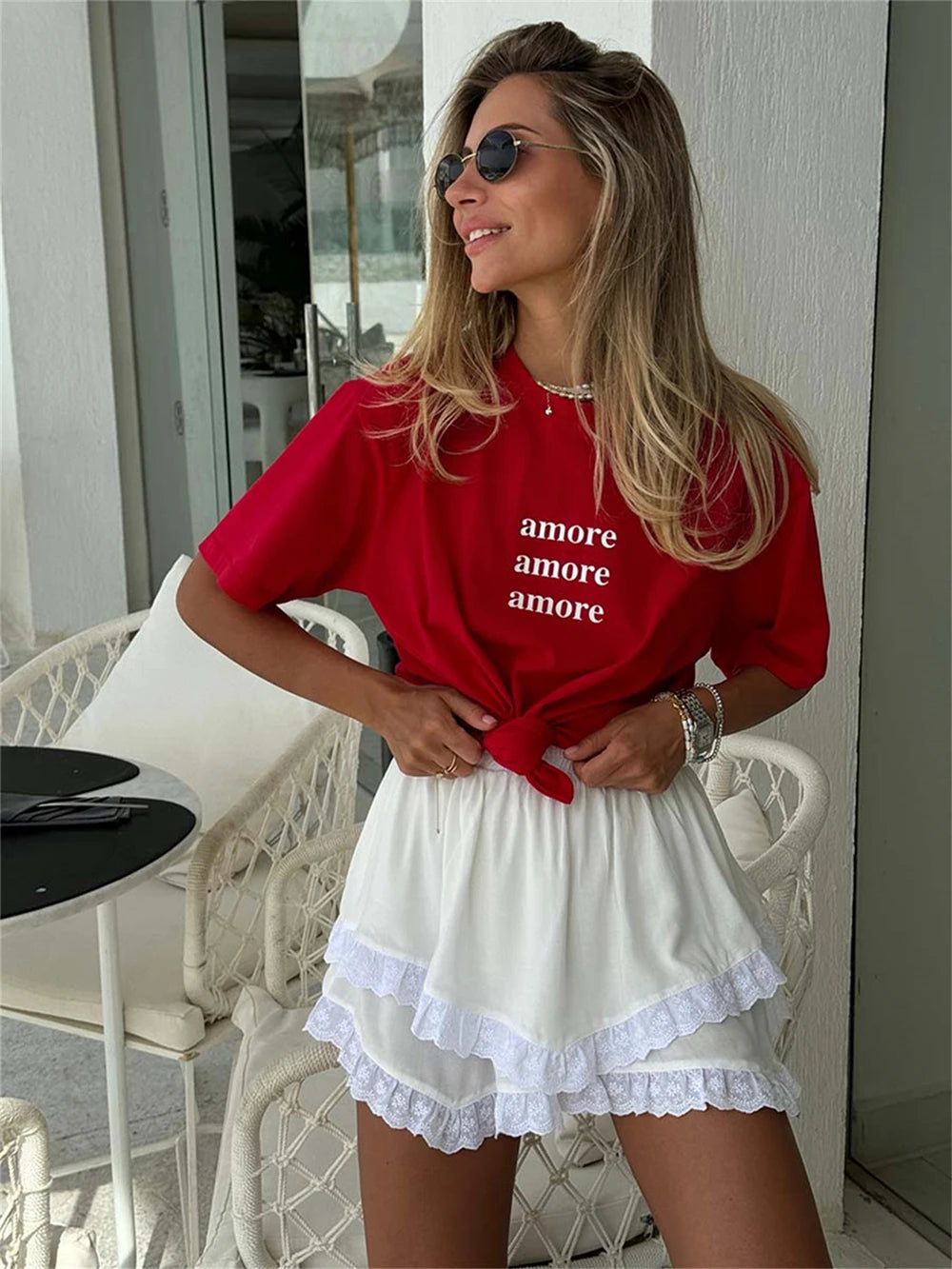 Amore Print Red Oversized Cotton T-Shirt