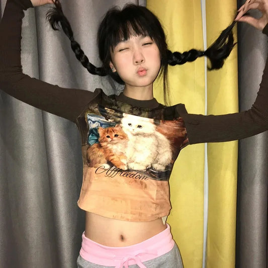 Japanese Y2K Cat Print Crop T-Shirt