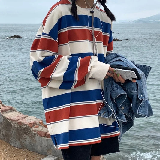 Striped Long Sleeve Cotton Hoodie Shirt