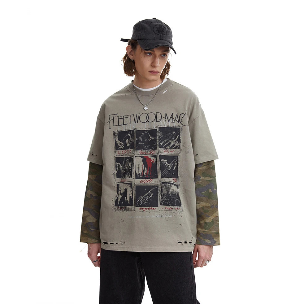 Retro Distressed Graphic Print Long T-Shirt