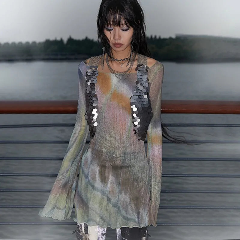 Vintage Flare Sleeve Sheer Mesh T-Shirt