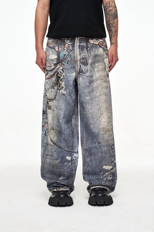 Luxury Loose Washed Digital Graffiti Jeans