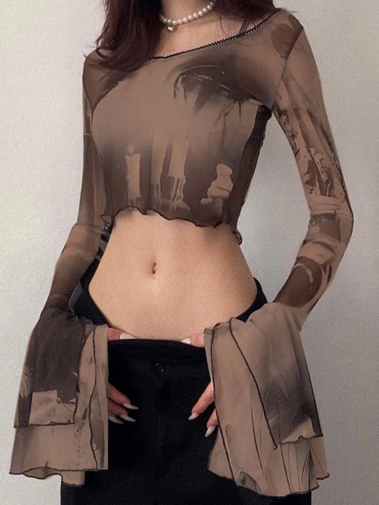 Gothic Aesthetic Mesh Flare Sleeve T-Shirt