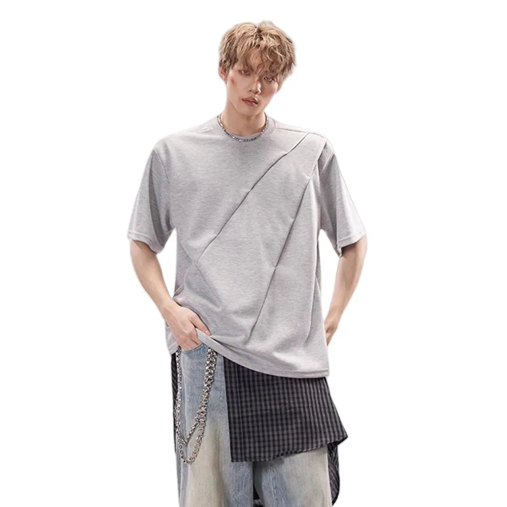 Solid Color Pleated Crew Neck T-Shirt