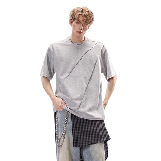 Solid Color Pleated Crew Neck T-Shirt