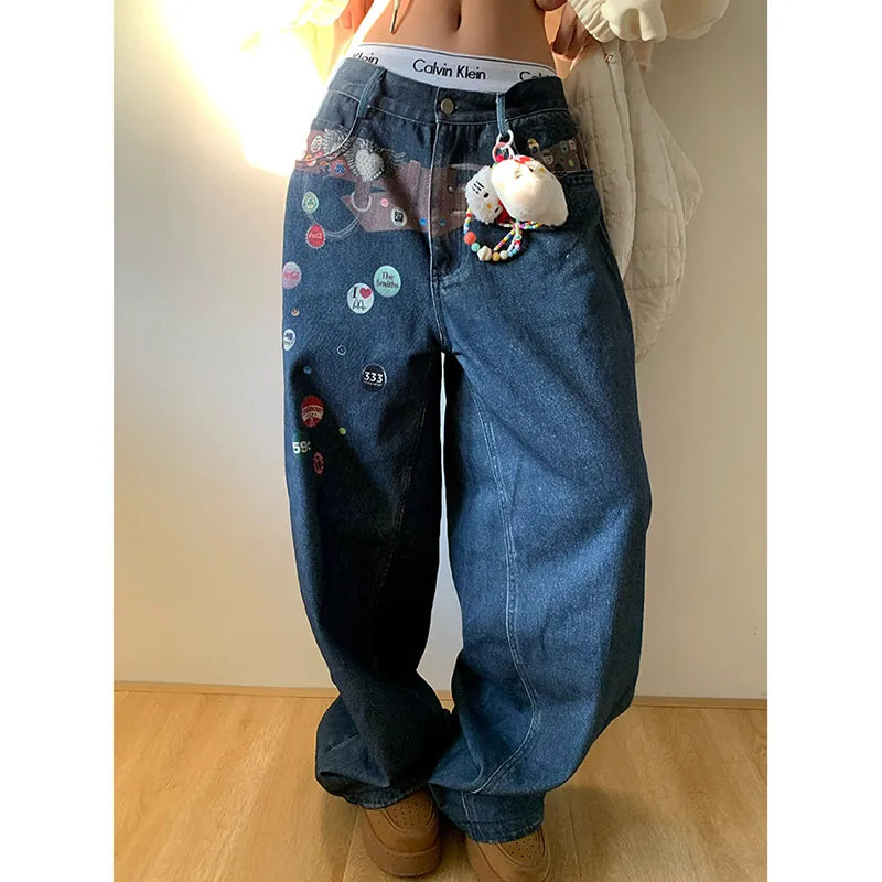 New Retro Vibe Graffiti Print Jeans