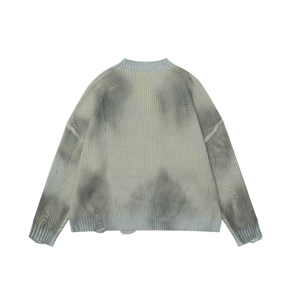 Ripped Embroidery Spray Paint Sweater Pullover