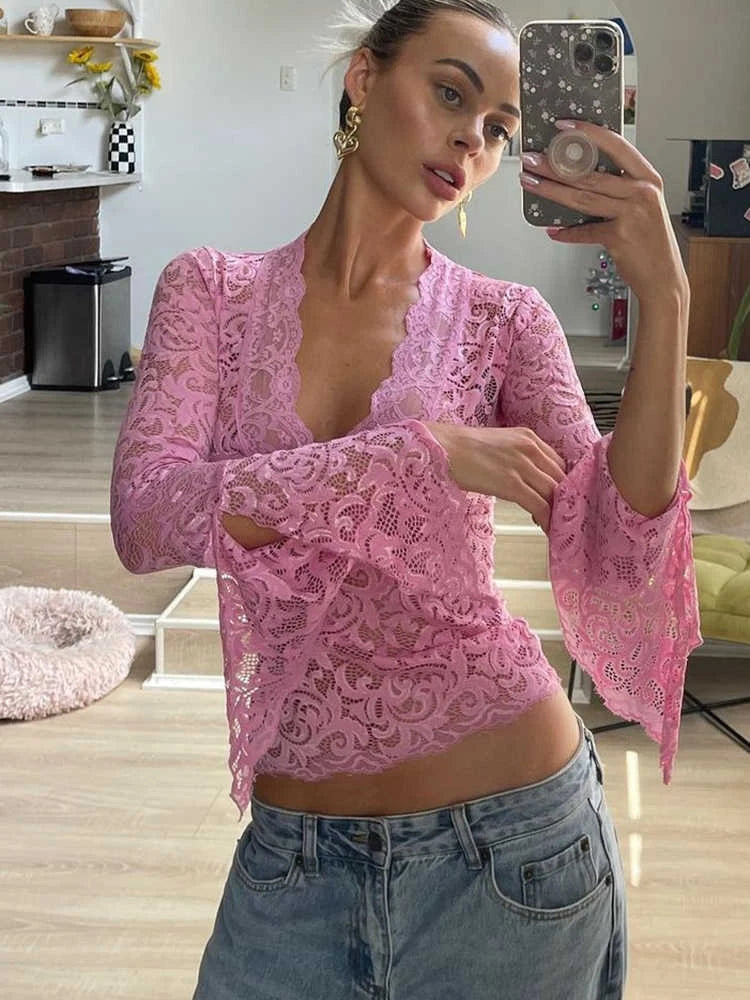 Vintage Red Lace Long Sleeve T-Shirt