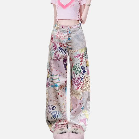 Vintage Graffiti Print Baggy High Pants