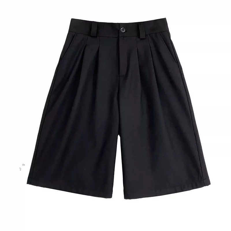 Black Loose Casual Pleated High Shorts