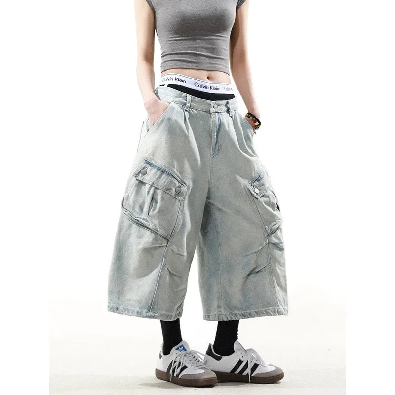 Retro High Waist Baggy Blue Jorts