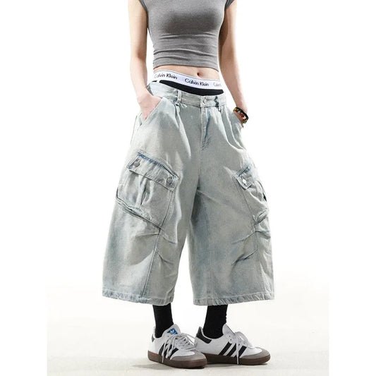 Retro High Waist Baggy Blue Jorts