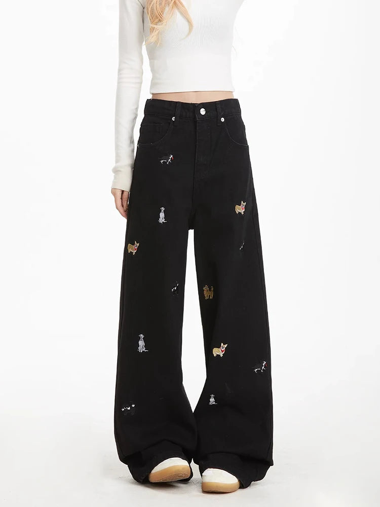 Embroidered Puppy Patch Wide Leg Jeans