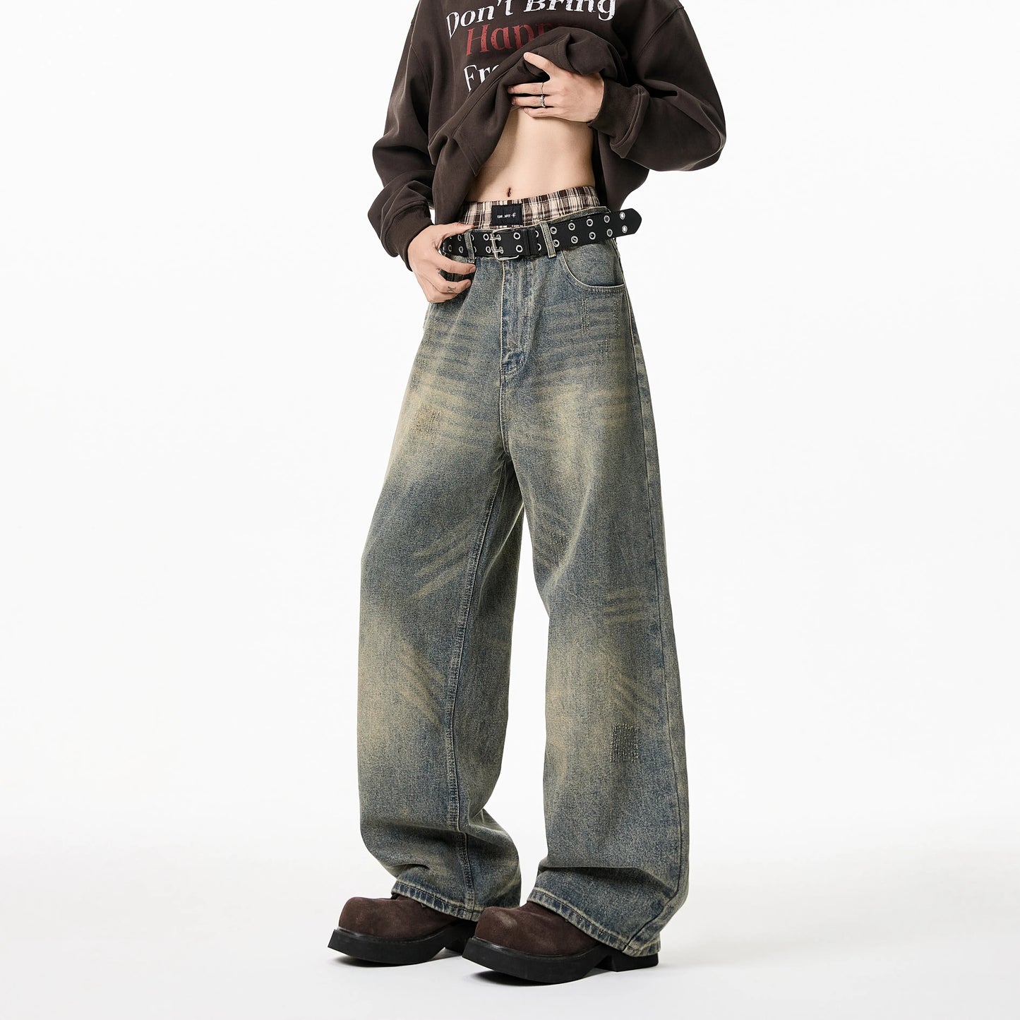 Vintage Distressed Wide Leg Denim Jeans