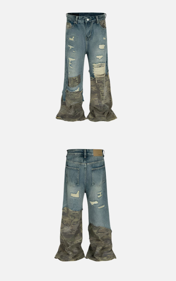 Camouflage Patchwork Washed Hole Design Jeans