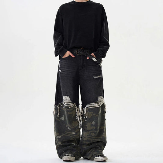 Retro Camouflage Stitched Baggy Ripped Jeans