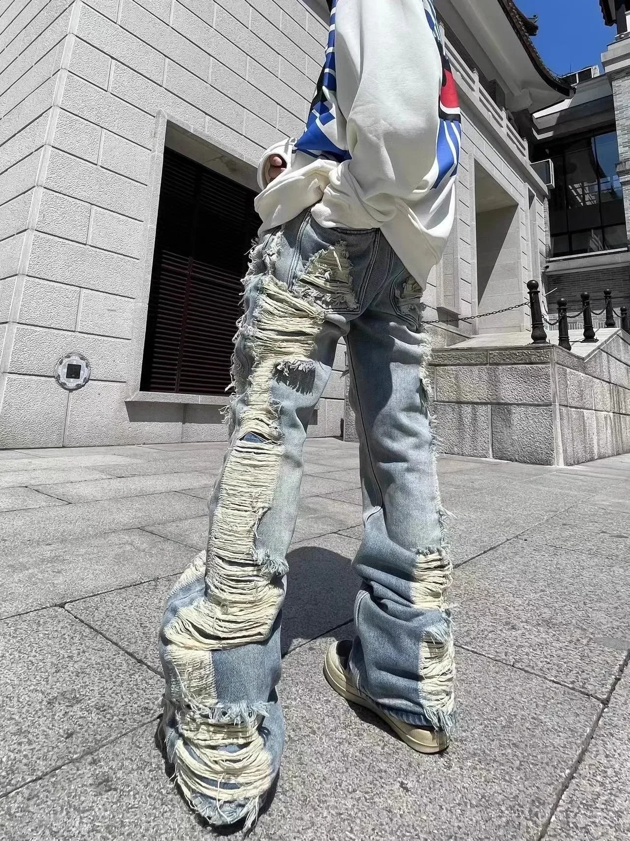 Distressed Ripped Cargo Flare Jeans