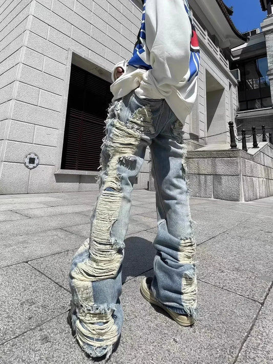 Distressed Ripped Cargo Flare Jeans