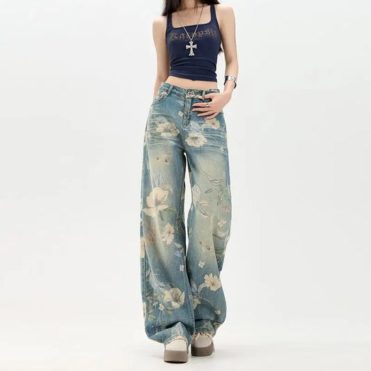 Floral Print High Waist Blue Jeans