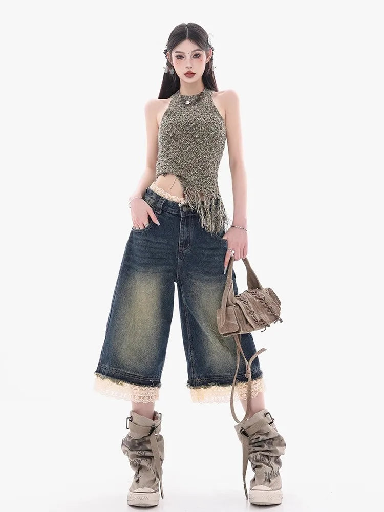 Vintage Lace Patchwork Wide Leg Jeans
