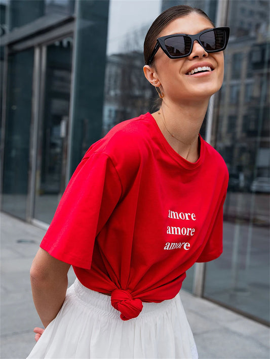 Amore Print Red Oversized Cotton T-Shirt