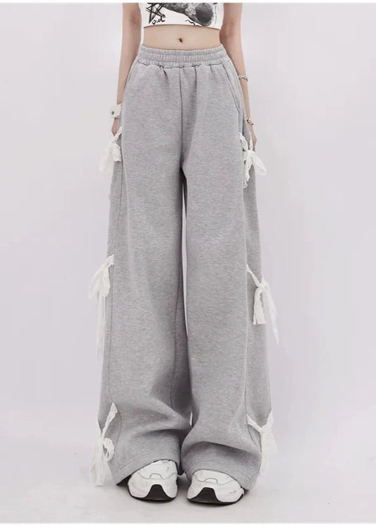 Grey Bow Oversize Y2K Retro Pants