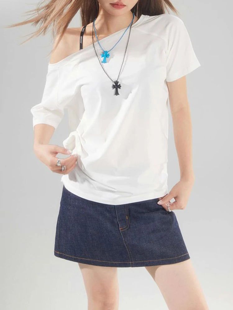 Sexy Korean Off-Shoulder Loose Solid T-Shirt