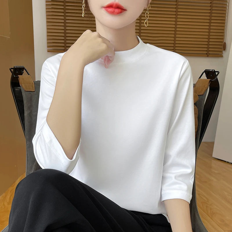Cotton Semi High Neck Cropped T-Shirt
