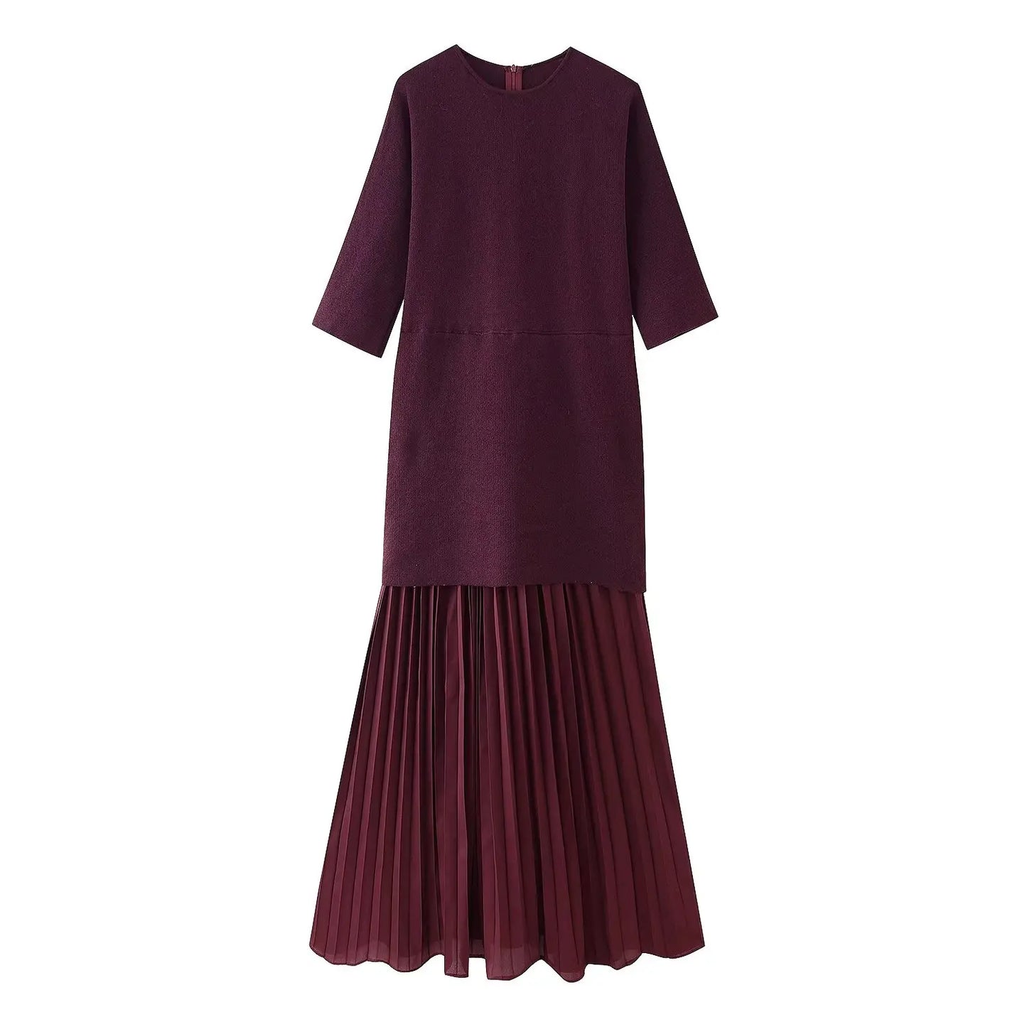 Elegant Pleated O-Neck Long Dress Women