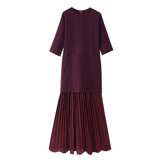 Elegant Pleated O-Neck Long Dress Women
