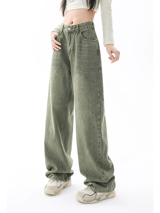 High Waist Green Loose Straight Jeans