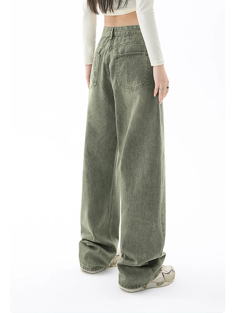 High Waist Green Loose Straight Jeans
