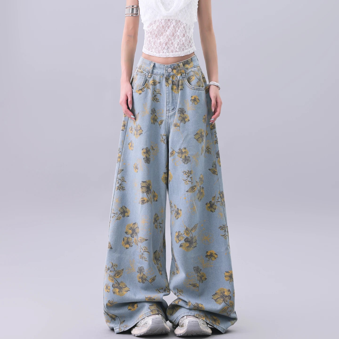 Blue Vintage Floral Print High Jeans