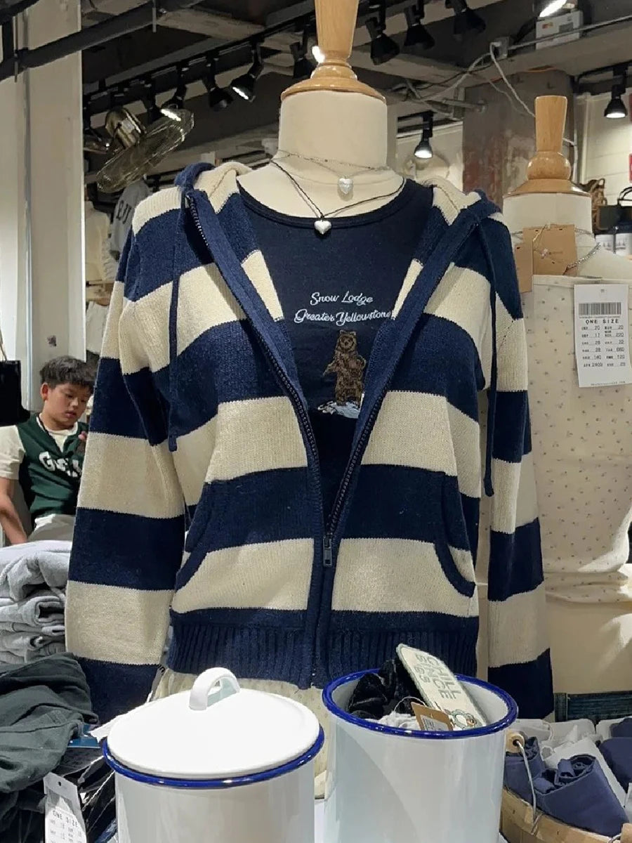 Cozy Striped Knitted Hooded Sweater Cardigan