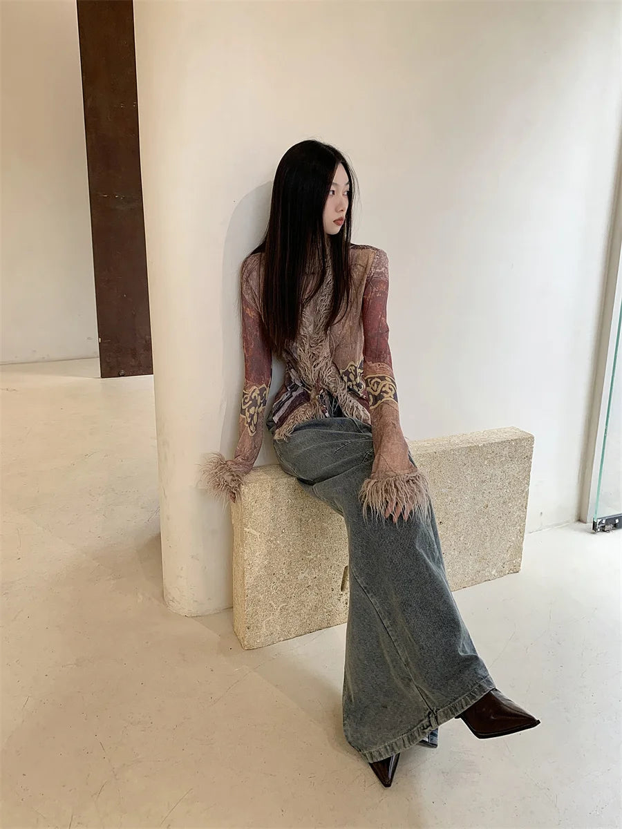 Ethnic Mesh Designer Fur Collar Coat