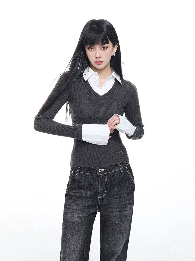 Contrast Color Lapel Sweater Knitted