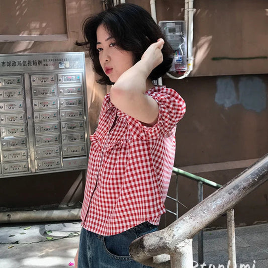 Vintage Red Plaid Girlish Chic Shirt