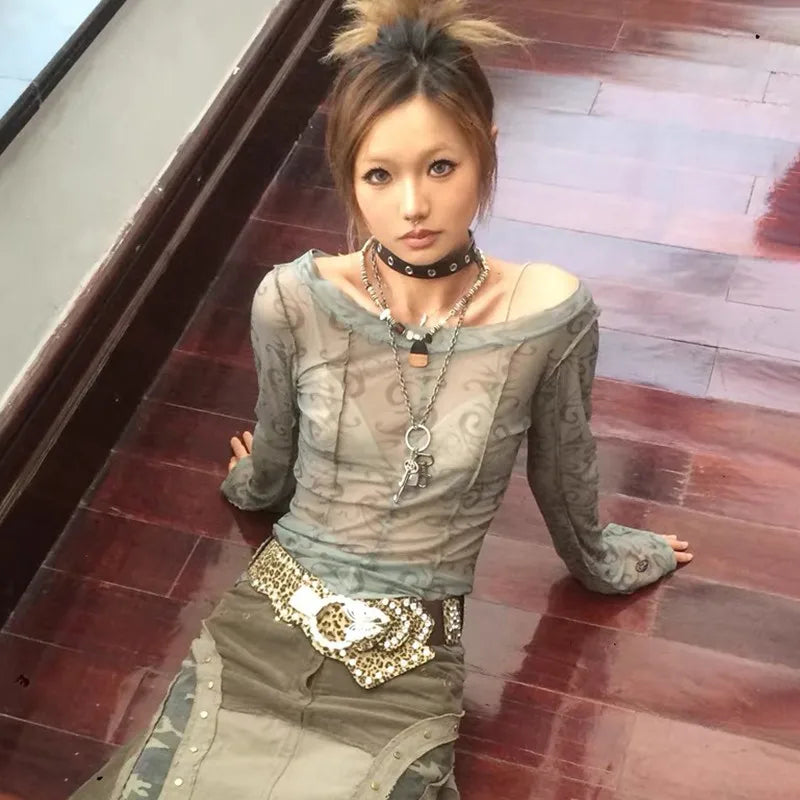 Grunge Aesthetic Mesh Japanese Sheer T-Shirt